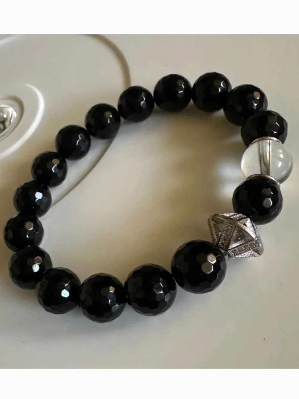 10mm Black Onyx Stretch Bracelet Silver Clear Quartz Pave Spacer